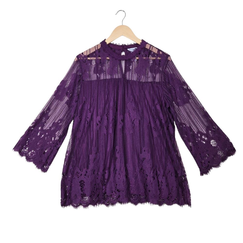 Ophelia Roe Lace Top sz 1X Purple Long Sleeve High Neck Keyhole Back Boho Fairy